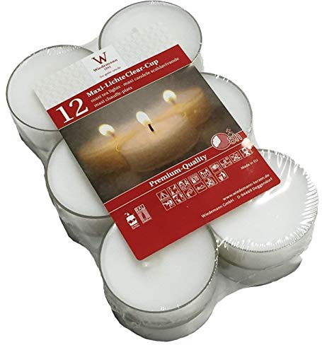 Wiedemann Maxi-Teelichte im PC Cup, transparent. 2,1 x 5,6 cm. 12 Stück weiß WEISS-004