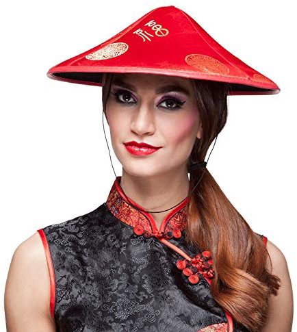 Boland 04234 - Chapeau Changang Changg chinois, rouge, Asie, velours, caractères chinois, couvre-chef, carnaval, fête à thème