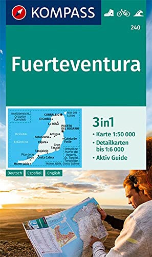 KOMPASS Wanderkarte 240 Fuerteventura 1:50.000: 3in1 Wanderkarte mit Aktiv Guide und Detailkarten. Fahrradfahren. Surfen.