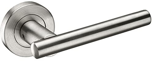 Brushed Stainless Steel Door Handles with T Bar Designer Levers on Round Rose H730013S