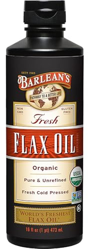 Barlean's Organic Flaxseed Oil Liquid from Fresh Cold Pressed Flax Seeds, 7,640mg ALA Omega 3 Fatty Acid Supplement for Healthy Hair and Skin, Vegan and Gluten Free, 16 oz