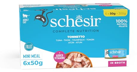 Schesir, Bonito in Brühe, Vollwertiges Nassfutter für Katzen, In Dose, Mit Zugesetzten Vitaminen, 100% Natürliche Filets, Cruelty-Free, 6 x 50 g