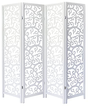 Homestyle4u Paravent Raumteiler Innen 4 teilig Weiß Trennwand Sichtschutz Kiefer Holz Ornamente
