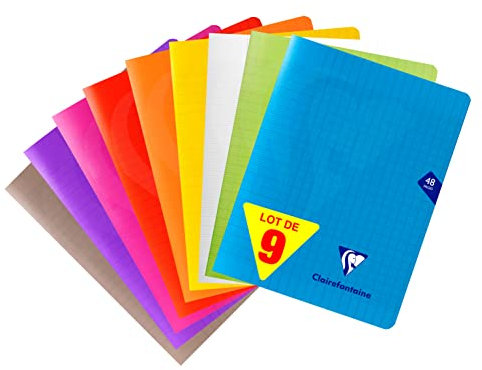 Clairefontaine 293751AMZC Lot de 9 Cahiers Agrafés Mimesys - 17x22cm - 48 Pages Grands Carreaux - Papier Blanc 90g - Couverture Polypro (Bleu, Rouge, Vert, Jaune, Violet, Gris, Orange, Rose, Incolore)