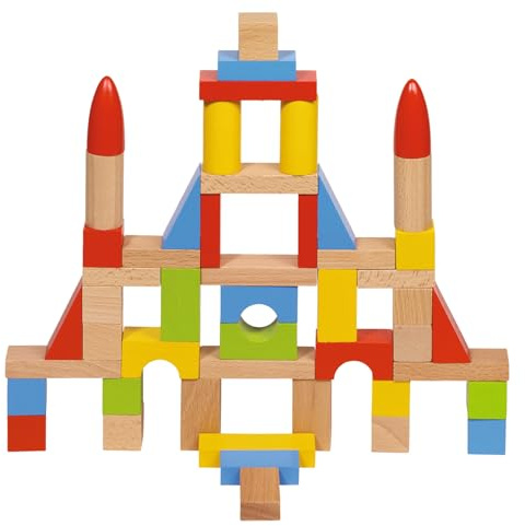 goki 58575 - Bausteine Set aus Buchenholz, bunte Bauklötze für Kreatives Spielen, Inklusive Baumwollbeutel, Spielzeug, 50er Set, ab 2 Jahre