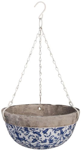 Esschert Design 3 Stück Hängekorb, krakelige Keramik in Barockstil, Ø 26 cm, ca 1200 ml, Kette ca. 45 cm lang, Blumenampel/Blumenschale in blau-weiß
