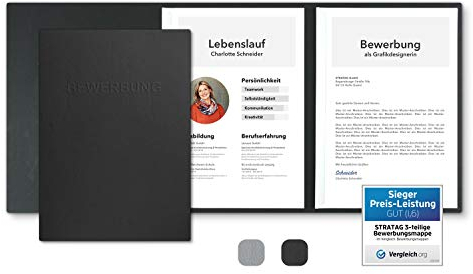 5 Stück 3-teilige Bewerbungsmappen Schwarz mit 2 Klemmschienen in feinster Lederstruktur - hochwertige Prägung ''BEWERBUNG'' - direkt vom Hersteller STRATAG