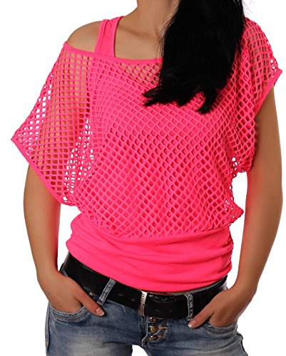 Crazy Age Frauen Partytop Sommertop Fasching Fest Netzoberteil aktueller Trend in Neonfarben- Einheitsgröße, Neonpink