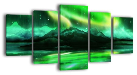 Leinwandbild Grünes Nordlicht LW385 Wandbild, Bild auf Leinwand, 5 Teile, 210 x 100 cm, Kunstdruck Canvas, XXL Bilder, Keilrahmenbild, fertig aufgespannt, Bild, Holzrahmen, Arktis, Nacht, Polarlicht