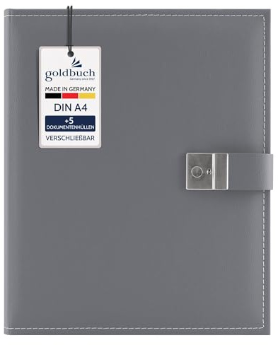 goldbuch 53809 Dokumentenmappe Cezanne für DIN A4 Unterlagen, Ringbuchmappe inklusive 5 Sichthüllen, erweiterbare Ordnungsmappe mit Schloss, Orgamappe aus Kunstleder, ca. 27,5 x 34 cm, Stein