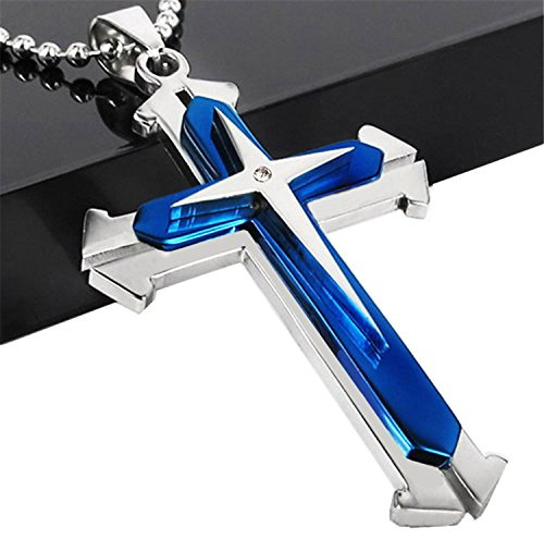 Brave Tour Men Titanium Steel Cross Necklace (Blue-Z)