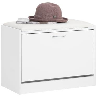 SoBuy Shoe Storage Bench with Seat Cushion & Flip Drawer 60cm Wide Hallway | Wooden Shoe Storage Cabinet with 2-Tier Rack & Removable Shelves, Storage Unit for Entryway, White, 60x30x48cm, FSR16-W