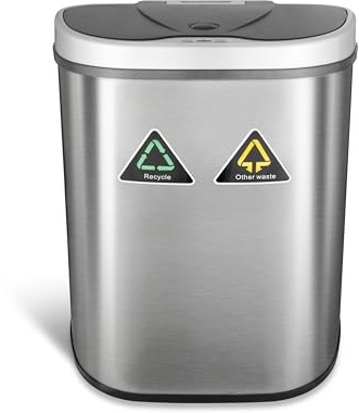 Ninestars DZT-70-11R Automatic Touchless Motion Sensor Semi-Round Trash Can/Recycler, 18.5 Gal. 70 L., Stainless Steel
