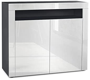 Vladon Kommode Valencia, Made in Germany, Sideboard mit 2 Türen und 1 offenem Fach, Schwarz matt/Weiß Hochglanz/Weiß Hochglanz (108 x 92 x 40 cm)