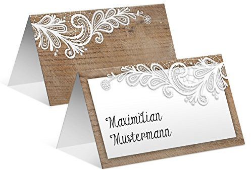 Personalisierte Tischkarten Hochzeit (30 Stück, Menge wählbar) - Rustikal mit weißer Spitze - Platzkarten, dickes 300g/qm Kartonpapier, Jede Karte anderer Name einfach eingeben und wir drucken