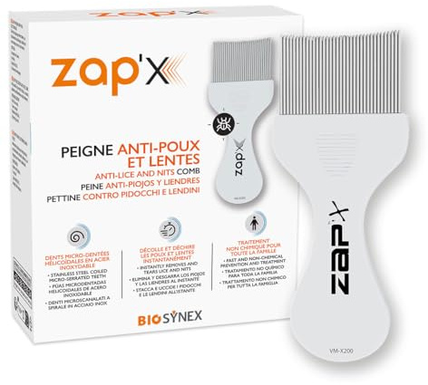 ZAP'X – Peine antipiojos y liendres manual – Ergonómico – Apto para la forma del cráneo – Acero inoxidable