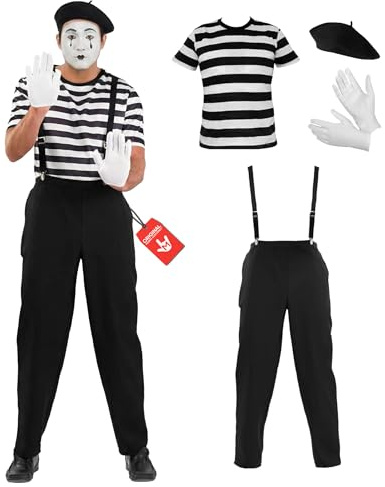 Fun Shack Disfraz Mimo Adulto, Disfraz Artista Halloween Adulto | Pantalón con Tirantes, Camiseta de Rayas, Guantes Blancos & Boina Negra, Perfecto para Halloween, Ideal para Disfrazarse