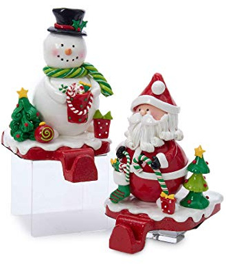 Kurt Adler Claydough Santa and Snowman Shiny Glaze Finish Stocking Hangers with Felt Bottom and Front Hook for Hanging Christmas Stockings (2 Pack)