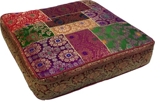 GURU SHOP Orientalisches Patchwork Kissen 40 cm, Sitzkissen, rot/Patchwork | Hochwertiger Brokatstoff, 100% Viskose, Reißverschluss, vielseitig einsetzbar, ideal für gemütliche Entspannungsecken