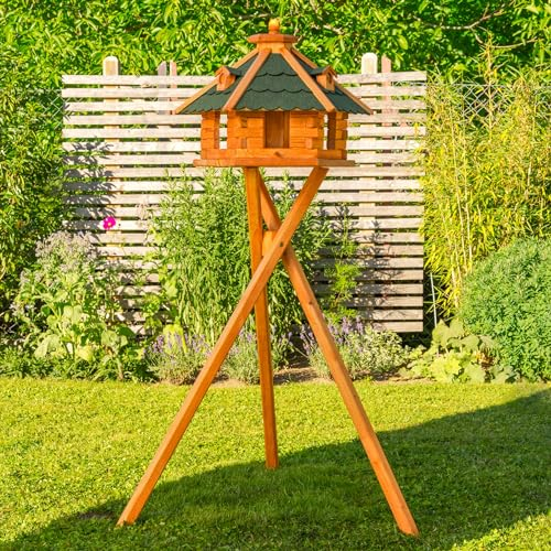 Vogelhaus von klein bis Riesig XXL Futterhaus Futterhäuschen Vogelvilla V18, Vogelfutterhaus aus Holz mit Solarbeleuchtung beleuchtet (Grün, mittel mit Ständer), mit Futtersilo, Silo