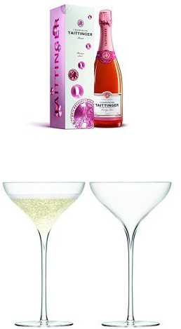 Champagne Taittinger Brut Prestige Rose Champagne in Gift Box Non Vintage 75 cl and LSA International Savoy Champagne Saucer (Pack of 2)