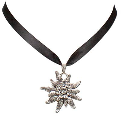 Collana di nastro di raso stella alpina strass grande - catena da donna per Dirndl con pietre di cristallo, catena di raso per camicetta tradizionale, gioielli per Dirndl e per l`Oktoberfest (nero)