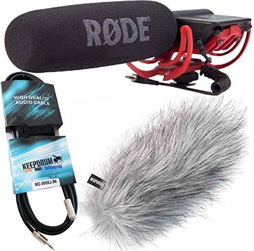 Rode Videomic Rycote Kameramikrofon + keepdrum WS-WH Fell-Windschutz + Verlängerungskabel Miniklinke 3m