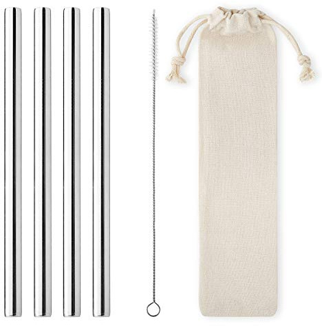 4 Pack of 12mm Wide Eco-Friendly Stainless Steel Straight Metal Straws Set Reusable Silver Drinking Straws for Iced Coffee Tea Bubble Tea Tumbler with Travel Pouch & Cleaning Brush Smoothie Milkshake
