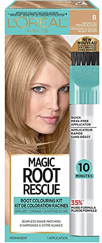 L'Oreal Paris Magic Root Rescue 10 Minute Root Hair Coloring Kit, Permanent Hair Color with Quick Precision Applicator, 100 percent Gray Coverage, 8 Medium Blonde, 1 kit (Packaging May Vary)