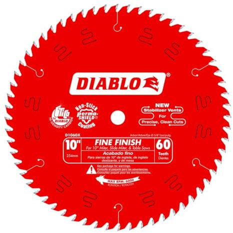 Diablo Fine Finish Saw Blade for Wood - Ultra-Smooth Cuts, 60 Hi-ATB Teeth, 10 Diameter, .098 Kerf, 5/8 Arbor - D1060X