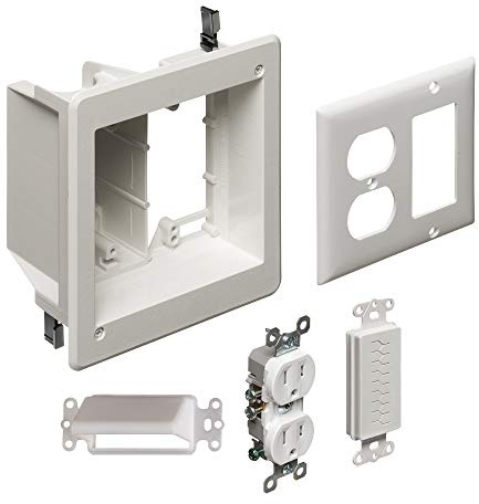 Arlington TVBR505K-1 TV Box Recessed Kit with Outlet and Wall Plates, 2-Gang, White, 1-Pack