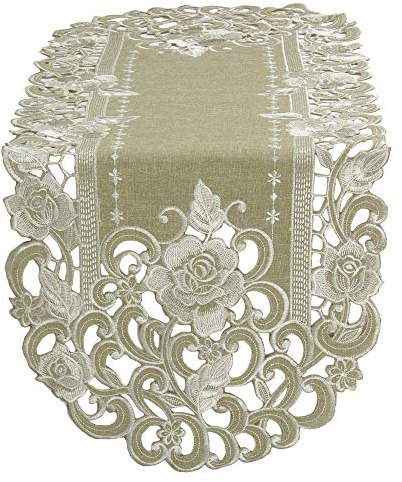 Rosen Tischläufer/Tischdecke Leinen-Optik Grün-Beige mit Blumen Stickerei - Größe wählbar (ca. 40 x 110 cm Oval)