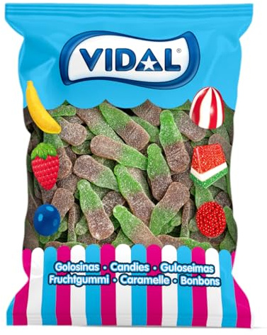 Vidal Golosinas. Botellas Cola Azúcar. Caramelo de Goma con Sabor Cola y Cobertura de Azúcar. Sin Gluten. Sin Grasa. Bolsa 1 kg