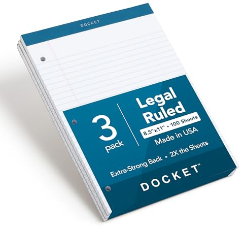 TOPS Docket Writing Pads, 8-1/2 x 11-3/4, Legal Rule, White Paper, 3-Hole Punched, 100 Sheets, 3 Pack (63393)