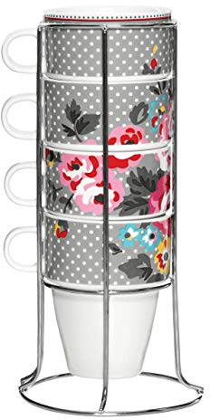 Premier Housewares 330 ml Espresso Cups Set of 4 Coffee Cups Bone China Mug Holder Chrome Stacking Cups Latte Mug 10.5x11x8.5(Each Mug)25x11x11(Stand)