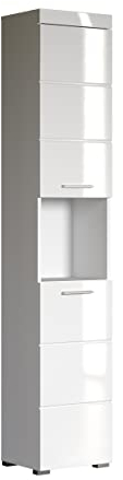 trendteam smart living - Amanda - Hochschrank - Weiß Hochglanz - Badezimmerschrank mit 2 verstellbaren Einlegeböden - (BxHxT) 37 x 190 x 31 cm - moderner Badschrank mit 4 Fächern und Einer Ablage