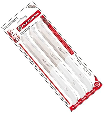 De Luca Set di COLTELLI da TAVOLA 6 Pezzi Lama Inox Manico Bianco