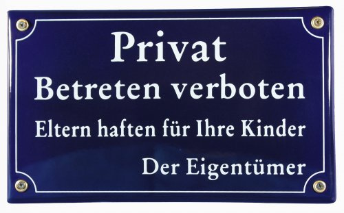 BBV Emaille Schild 25x15 cm Privat Betreten verboten Eltern haften für ihre Kinder wetterfest und lichtecht Emailleschild