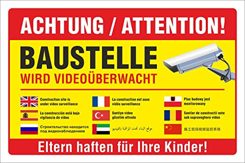 Schild Baustelle Videoüberwachung mehrsprachig 300 x 200 mm | 3 mm Alu-Verbund, wetterfester UV-Direktdruck, robust und langlebig, Made in Germany