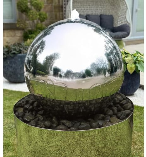 Aqua Moda Aterno 45cm Polished Steel Sphere Water Feature with Base - Self-Contained Outdoor/Indoor Garden Fountain, Modern Stainless Steel Sphere for Patio & Landscaping