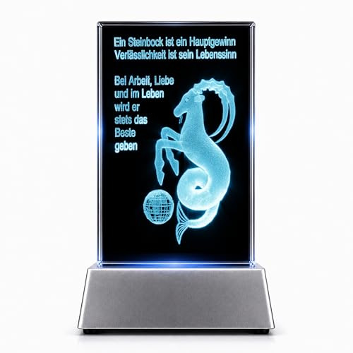 Kaltner Präsente Steinbock Sternzeichen Kristall Glasblock mit Spruch Gravur 3D Laser LED Licht Nachtlicht Geschenk Dekoration Steinbock Geschenkidee