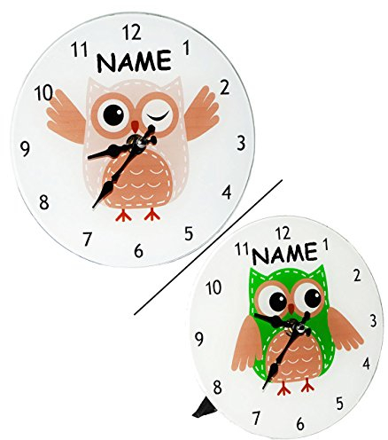 alles-meine.de GmbH Wanduhr - lustige Eule - 18 cm Uhr - incl. Namen - groß - aus Glas - auch als Tischuhr - für Kinderzimmer Kinderuhr - Analog - leise - Fast lautlos/Mädc..