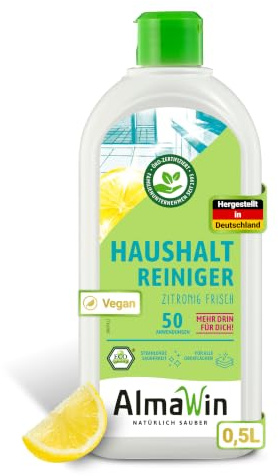 AlmaWin Haushalt Reiniger [1x 500ml] zur Reinigung & Pflege wasserfester Oberflächen - Allzweckreiniger mit Zitronenduft - Universal Reiniger Konzentrat - Entfernt Schmutz, Fett & Staub - Bio & VEGAN