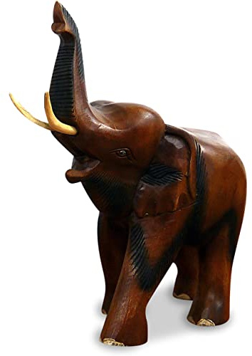 livasia Holzelefant (Rüssel Oben) Tierskulptur aus Massivholz, Holzfigur (mittlerer Elefant)