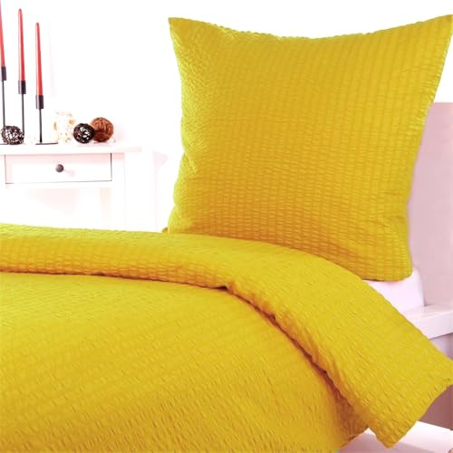 Hans-Textil-Shop Seersucker Bettwäsche Gelb 135x200 + 80x80 cm – bügelfreie Bettwäsche Baumwolle mit Reißverschluss, atmungsaktiv & pflegeleicht