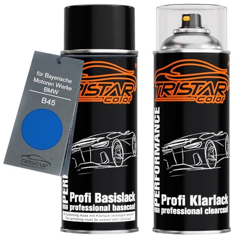 TRISTARcolor Autolack Set Spraydose für BMW B45 Estorilblau II Metallic +1K | für Bayerische Motoren Werke / BMW, Estoril Blue Metallic, Set aus Basislack + Klarlack, Sprühdosen 400ml