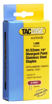 Tacwise 1070 Typ 91/22 mm Edelstahl Schmalrückenklammern, 1000 Stück | Divergierende Spitze