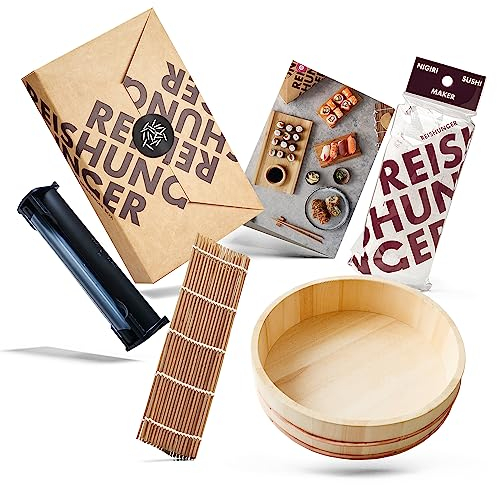 Reishunger Sushi Equipment Box XXL mit Hangiri Holzschüssel, inkl. Premium Sushi Maker + Rezeptkarte, Sushi in Profiqualität zu Hause zubereiten – perfekt für Sushi Fans