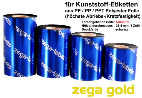 zega-labels Thermotransfer Farbband 110 mm x 300 m - zega gold (Harz Kratzfest) - Farbseite AUSSEN - Ribbon für Zebra ZT-Serie/ZD421T - 1 Zoll Kern Ø 25 mm - für PE-Folie PP-Folie PET Polyesterfolie