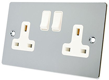 Alliance Electrical FPC2GSOCWH Polished Chrome Flat 2 Gang White Insert Plastic Rocker Switches-13 Amp Double Plug Socket, 240 V